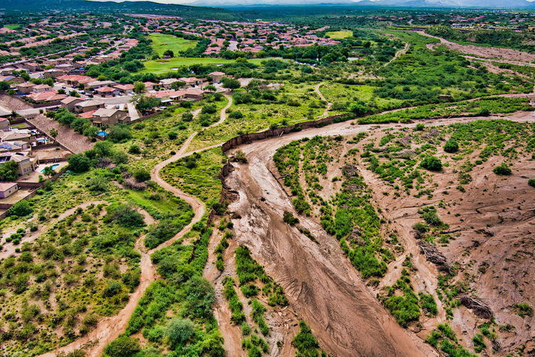 High angle view of road amidst agricultural landscape