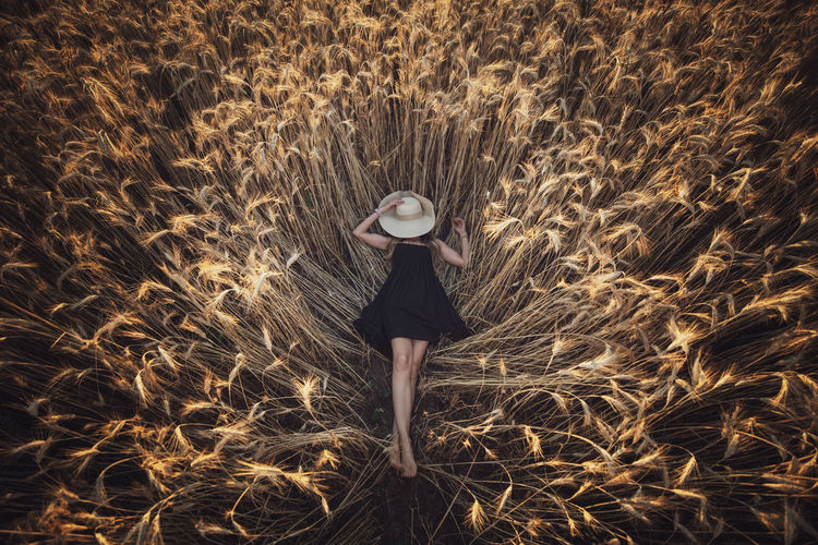 Rear view of woman standing amidst plants