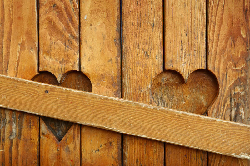 Close-up of heart shapes on wooden door