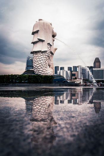 Reflection of the merlion in singapore city
