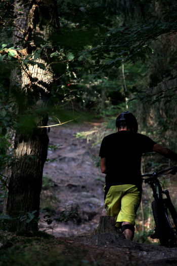 Rear view of man with bicycle at forest
