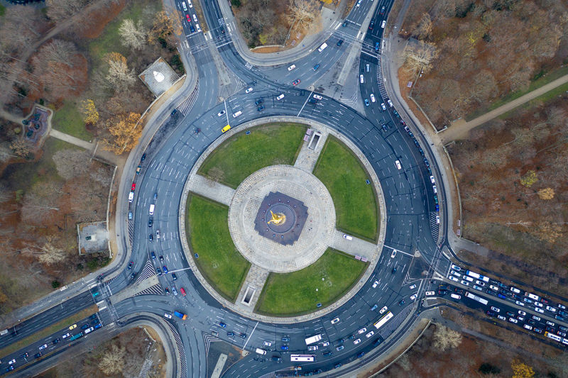 Aerial view of road in city