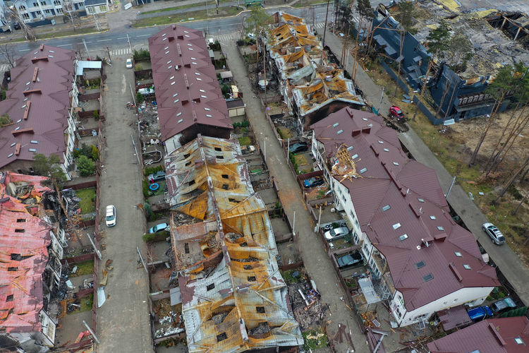 Top view of the destroyed houses. houses were destroyed by rockets or mines from russian soldiers.