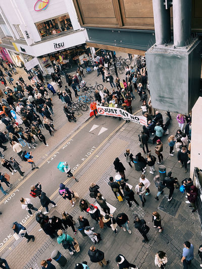 High angle view of people on city street