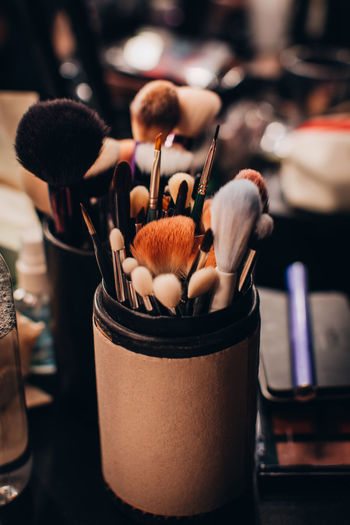 A set of different makeup artist brushes in a beige case on the table