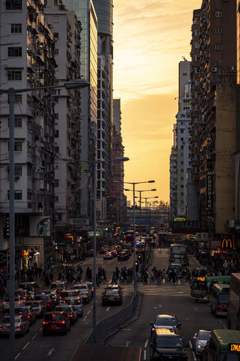 The main street in mongkok during sunset