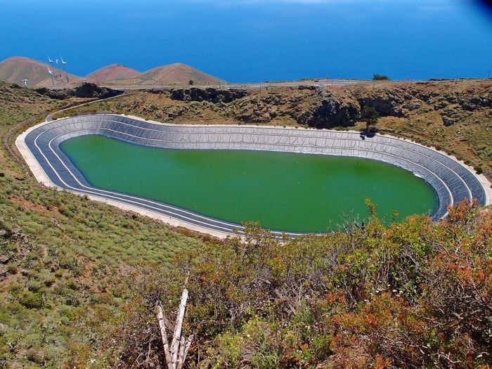 High angle view of dam against sky