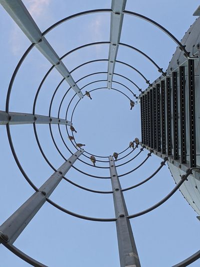 Low angle view of spiral staircase against clear blue sky