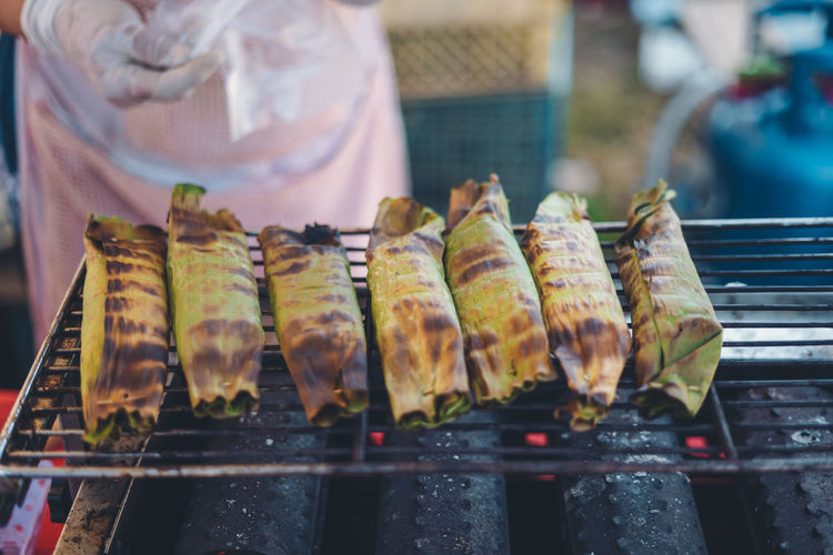 Close-up of meat on barbecue grill