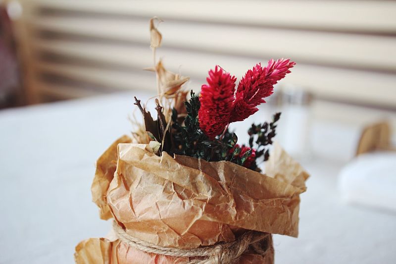 Close-up of flower pot wrapped in paper bag