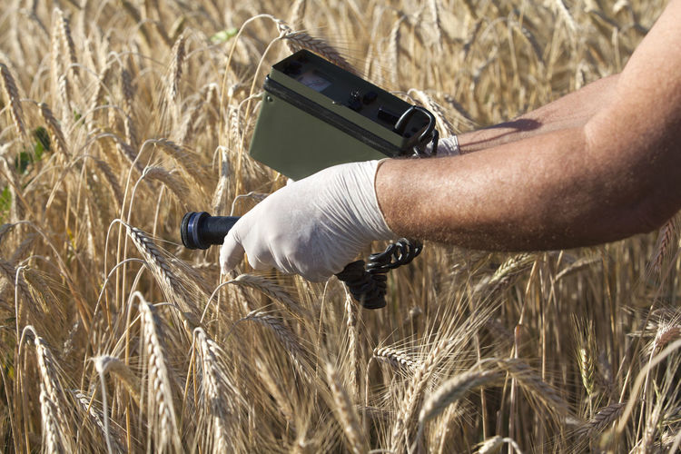 Cropped image of man holding geiger counter on field