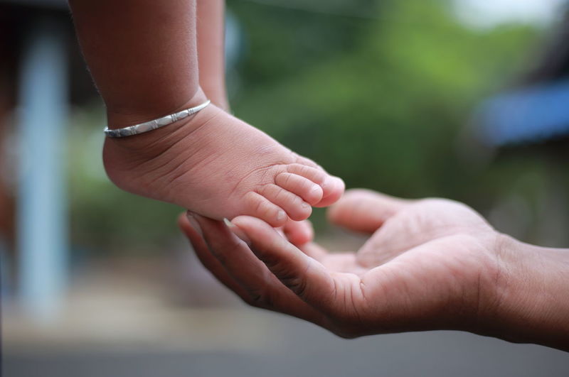 Cropped hands of mother holding baby legs