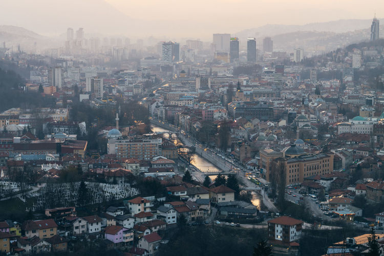 High angle view of buildings in city
