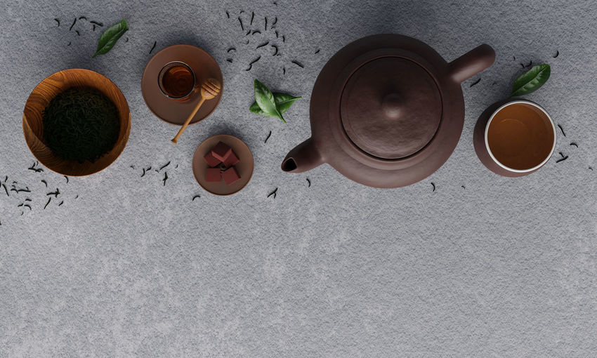 High angle view of tea served on table