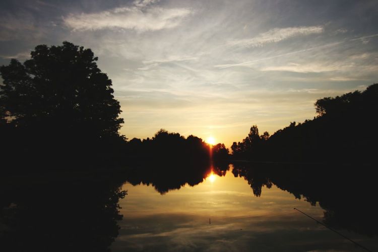 Silhouette trees by lake against sky during sunset
