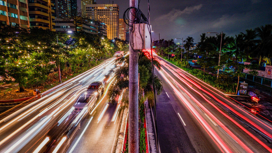 Light trails on road in city