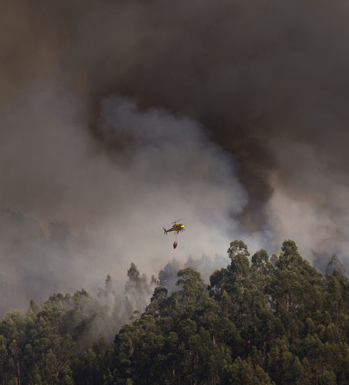 Firefighter helicopter fighting against a forest fire during day in braga, portugal.