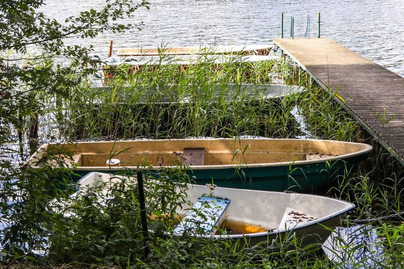 High angle view of boat moored in lake