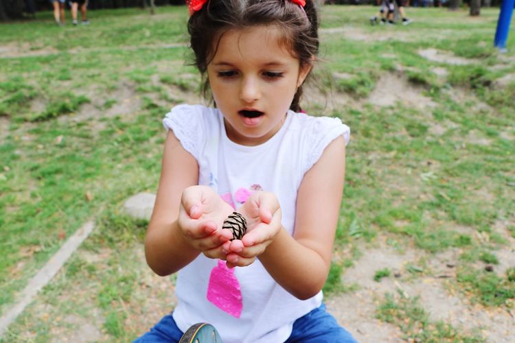 Cute girl holding pine cone sitting at park