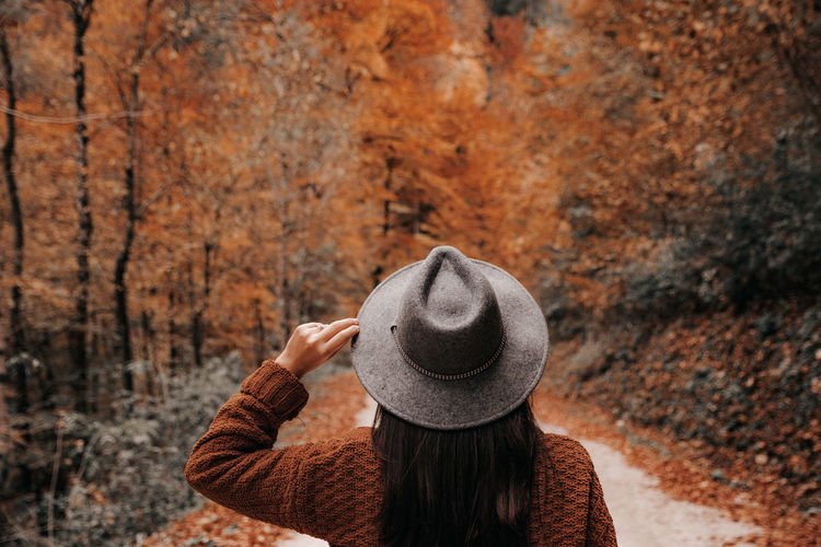 Read view of woman walking in forest, autumn colors, fall, trees.