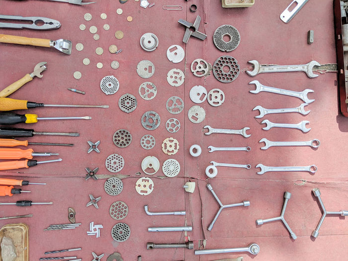 High angle view of tools on table ground