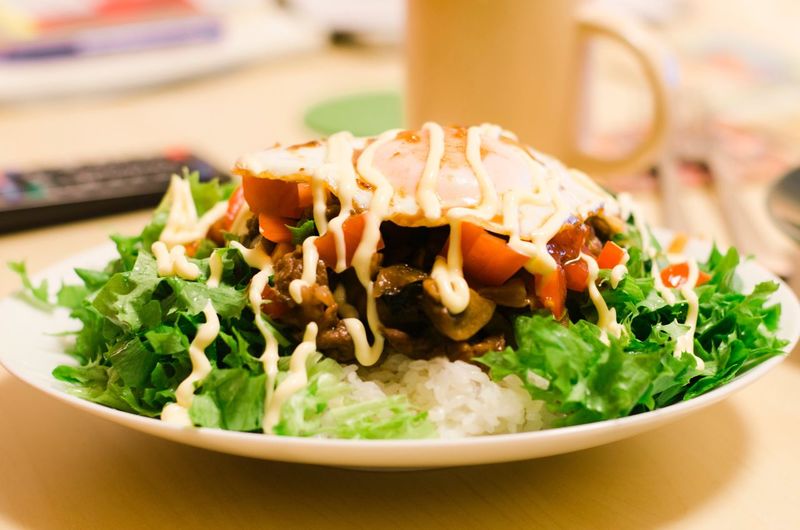 Close-up of taco rice salad in plate on table