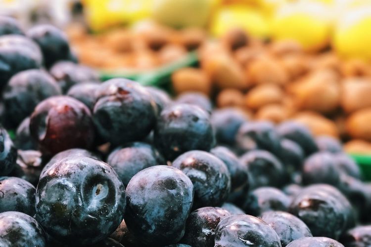 Close-up of blueberries for sale at market