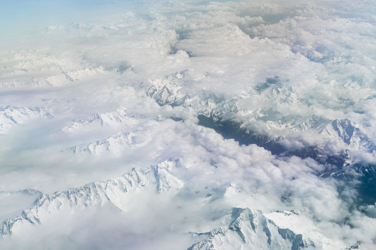 Aerial of the alps covered with snow from airplane