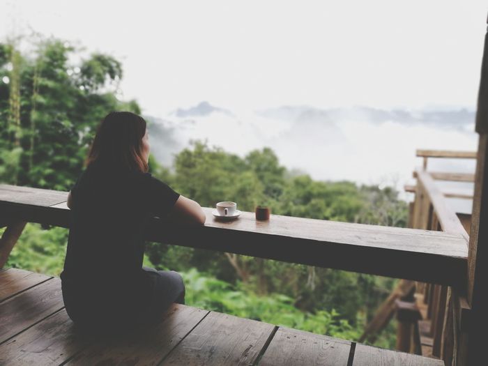 Rear view of woman sitting in balcony against forest during foggy weather