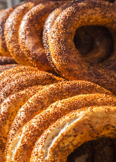 Close-up of bagels for sale in bakery shop