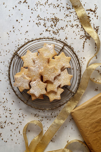 High angle view of cookies on table