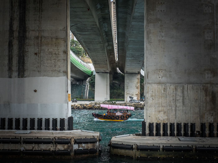 Boat under bridge in river