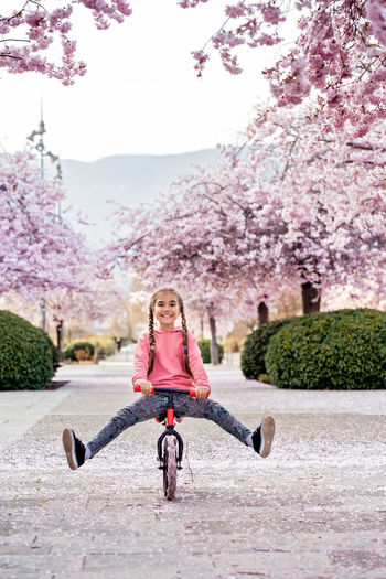 Happy smiling girl riding balance bike with her legs up on bloomimg spring sakura alley