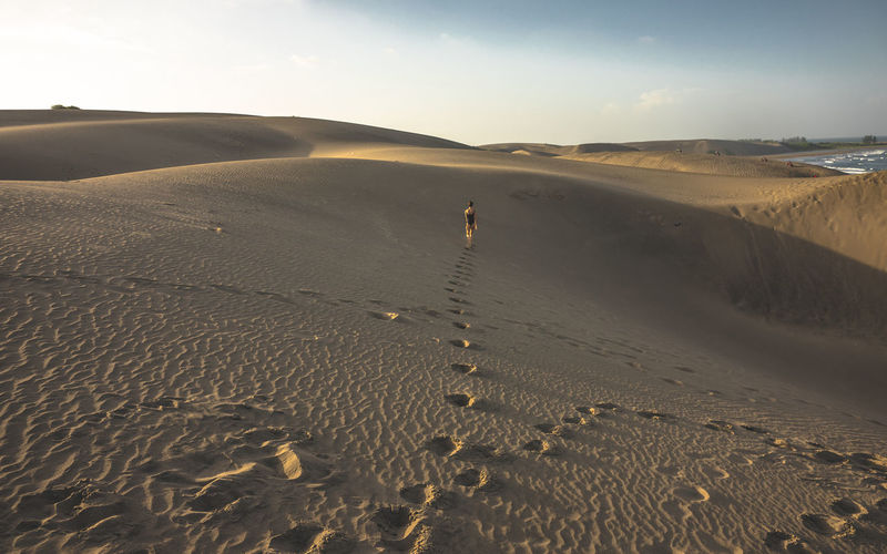 Rear view of woman walking on sand dunes
