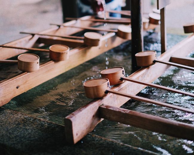 High angle view of bamboo fountain