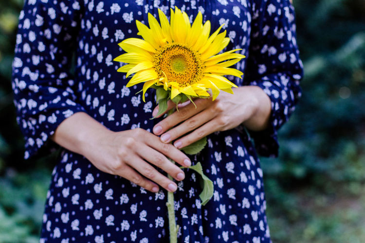 Midsection of woman holding yellow flowering plant