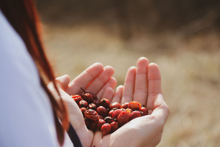 Midsection of woman holding berries outdoors