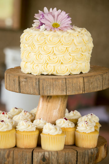 Close-up of wedding cake and cupcakes on wooden stand