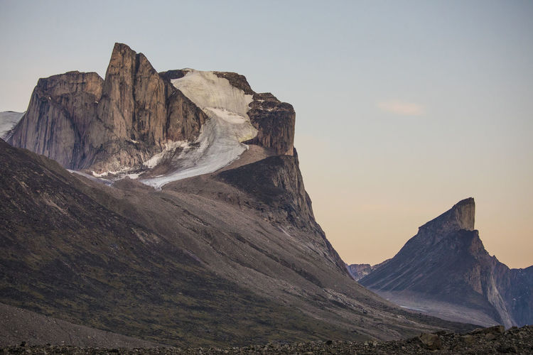 Breidablik peak and mt. thor as seen from akshayak pass, baffin island