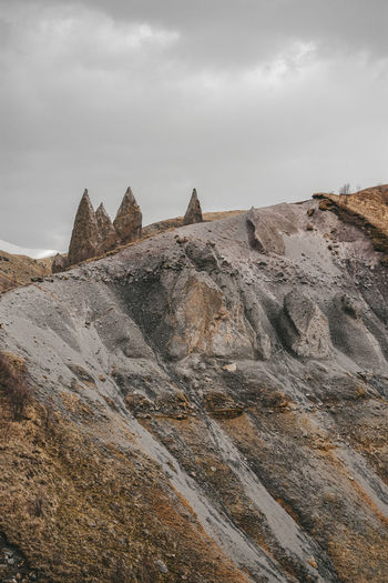 Low angle view of rock formations against sky