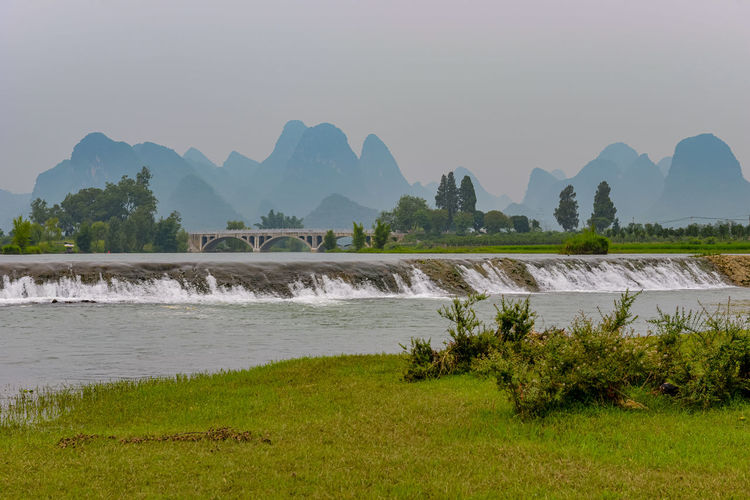 Rural area river weir in yangshuo 