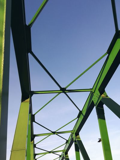 Low angle view of bridge against clear blue sky