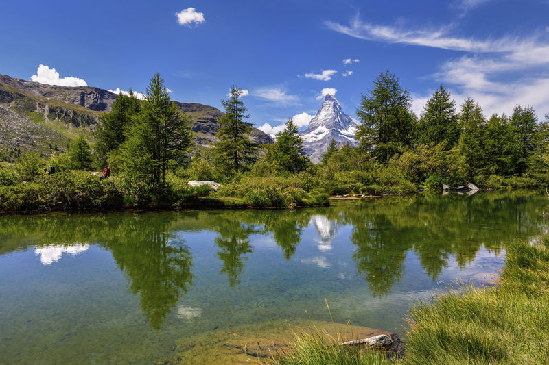 Scenic view of lake by trees against sky