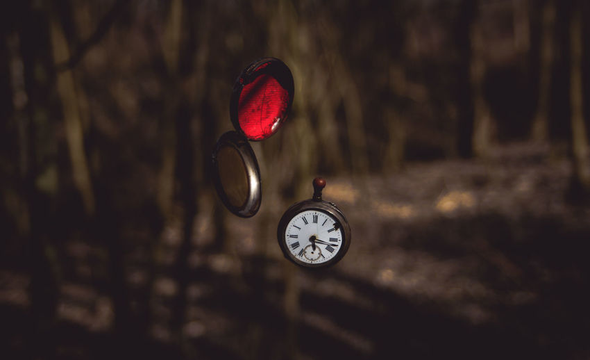 Close-up of pocket watch levitating in forest