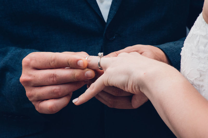 Close-up of man putting ring on bride's hand