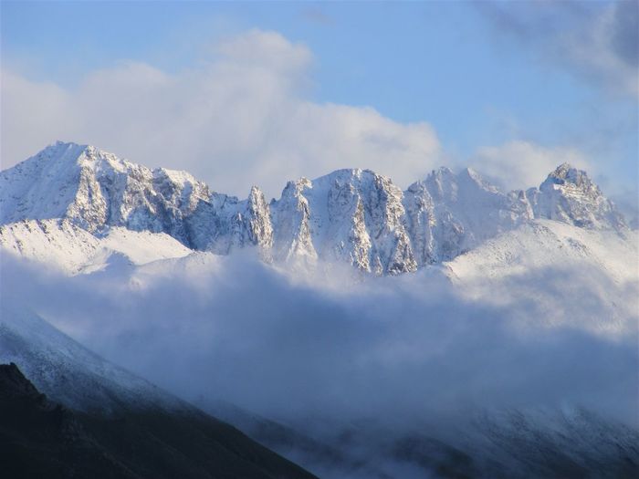 Scenic view of snowcapped mountains against sky