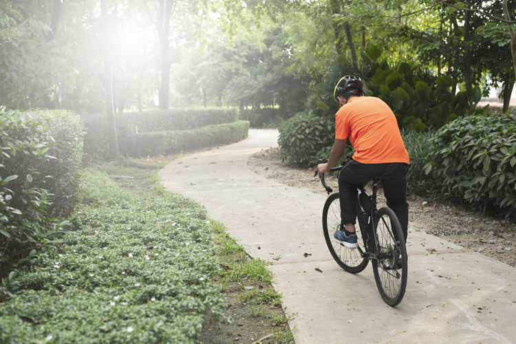Rear view of man riding bicycle