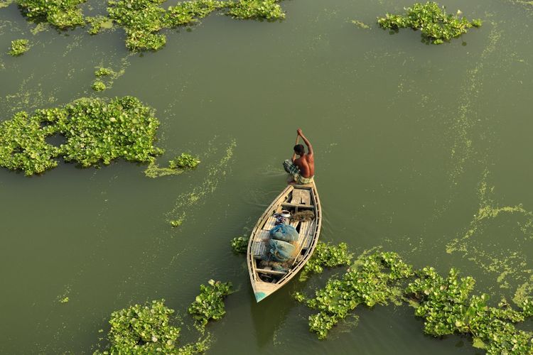 High angle view of boat in lake