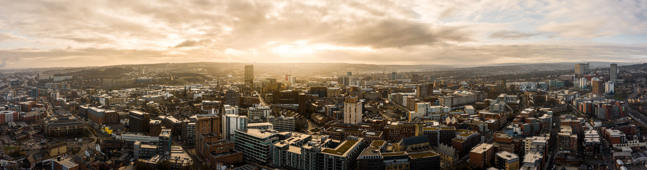 Aerial view of sheffield city at sunrise in winter