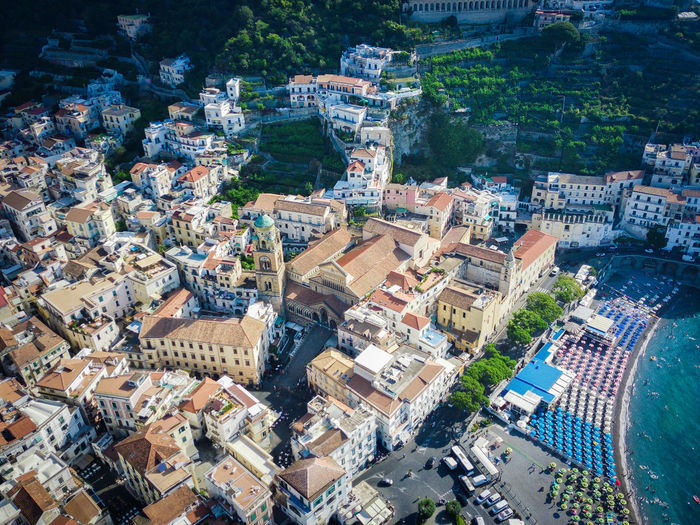 Aerial view of the cathedral and the city of amalfi, italy